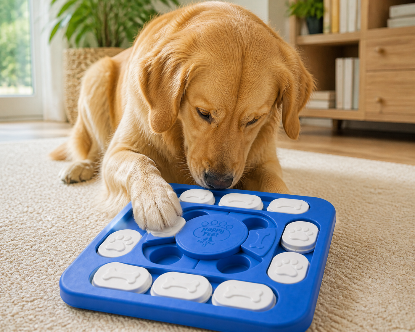 Happy Feet Pet Shop II Interactive Dog Puzzle Toy – Treat Dispensing IQ Training Board with Sliding Covers for Mental Stimulation (Blue) - Image 5